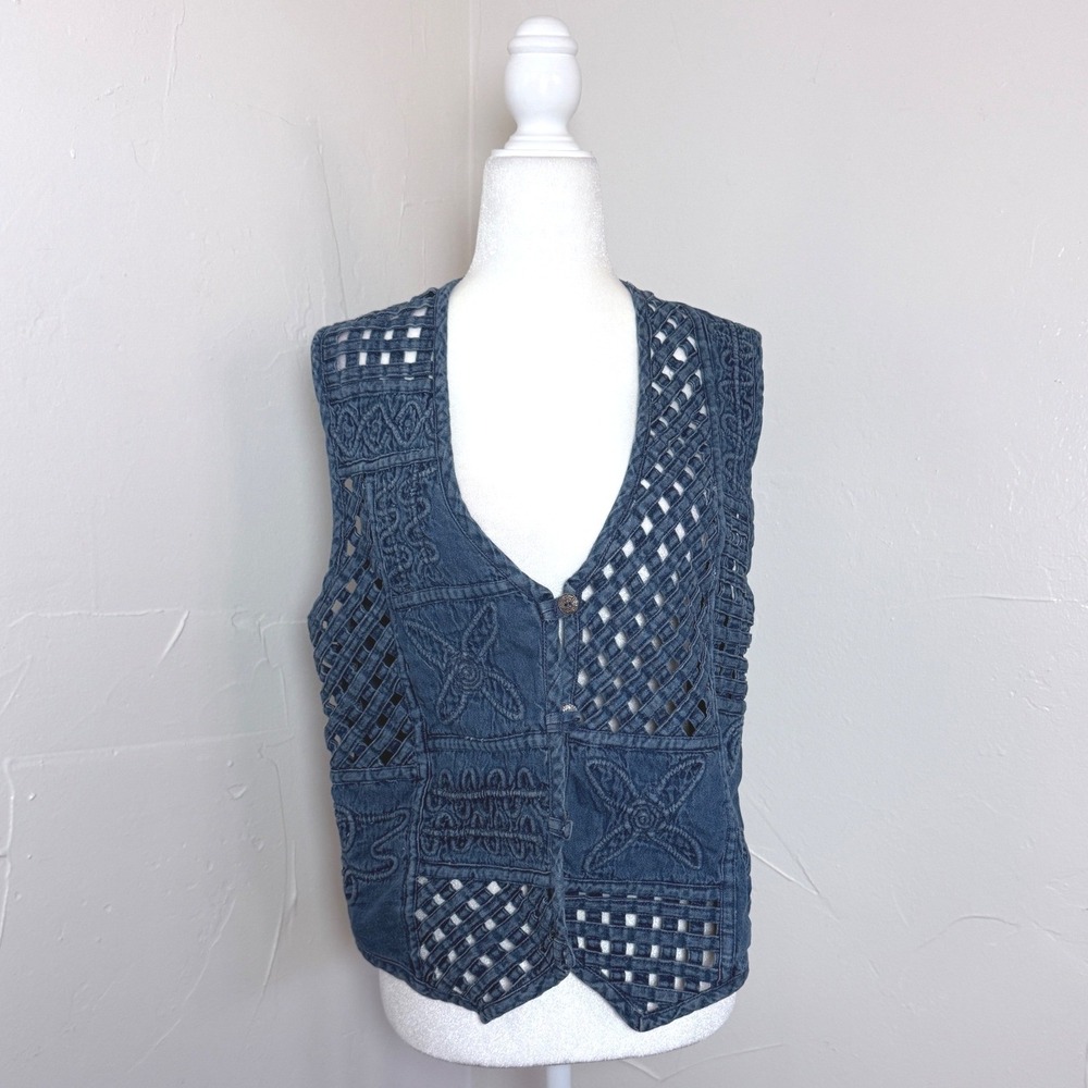 Vintage New Directions M Denim Lattice Cutout Woven Boho Vest 100% Cotton India